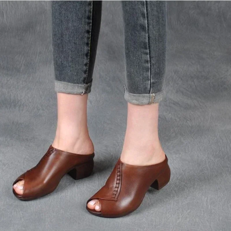 Thick-heeled Soft Leather Slippers Fish Mouth Womens Sandals Comfortable Versatile Women Shoe Platform Wedges Zapatillas De Casa