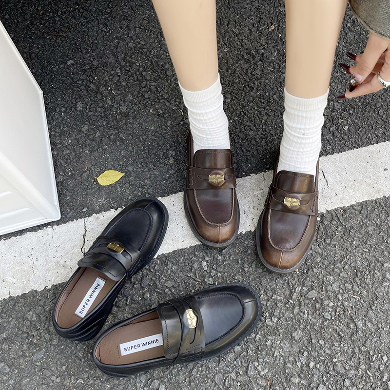 British Style Autumn Fashion Women's Shoes 2024 New Solid Color Round Toe Flats Decoration Slip-On Women's Loafers D33
