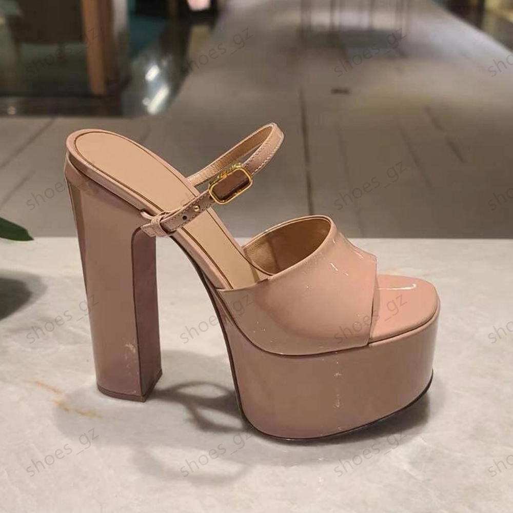 Patent leather platform pumps decoration sandals slippers chunky Heel Square toe 15.5cm clear high heeled fashion Women Luxury Designers party block shoe 35-42