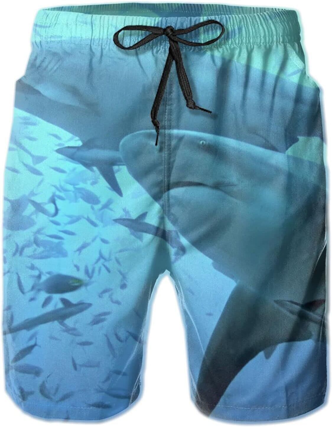 Mens Shorts 3D Printed Pattern Shark Swimming Swim Trunks Quick Dry Casual Beach Board Swimwear
