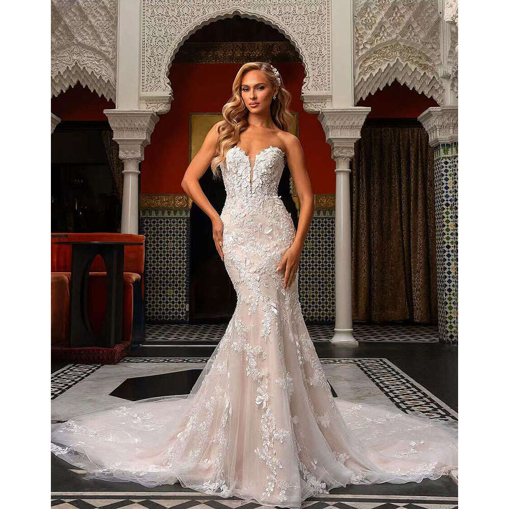 Dress Mermaid Wedding Princess Zipper Exquisite Appliques Strapless Sleeveless Lace Mopping Gown Vestido De Novia