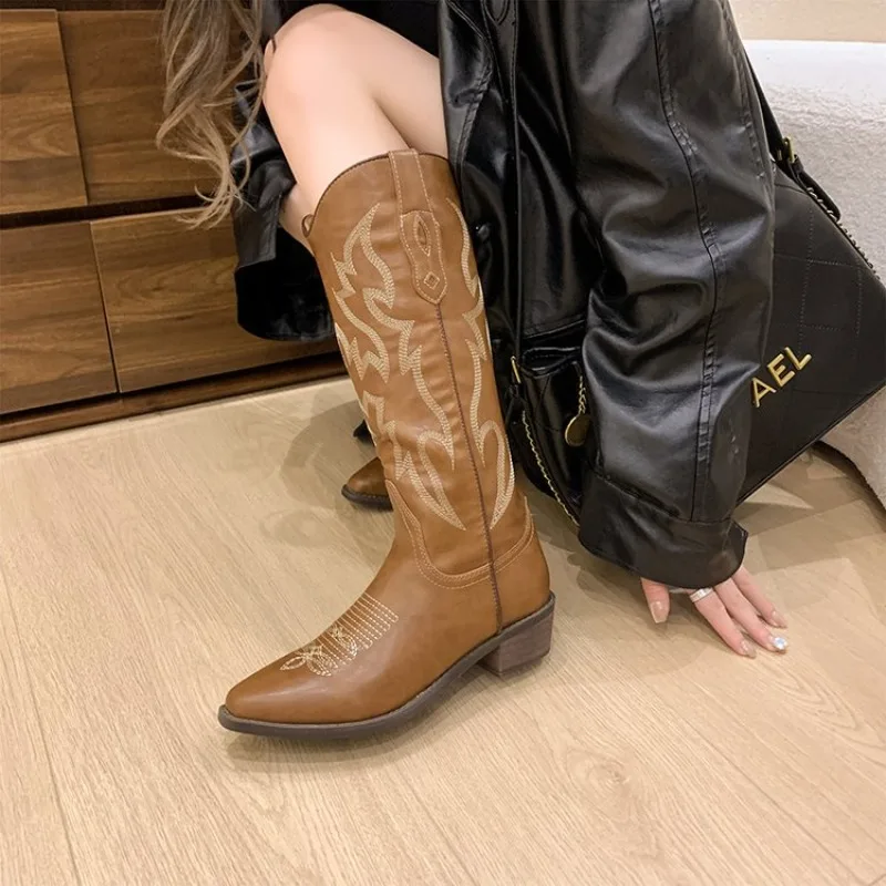 2023 Autumn/Winter Western Cowboy All-in-one Adult Women's Embroidered Sleeve Rider Motorcycle Mid-calf Boots 16ae