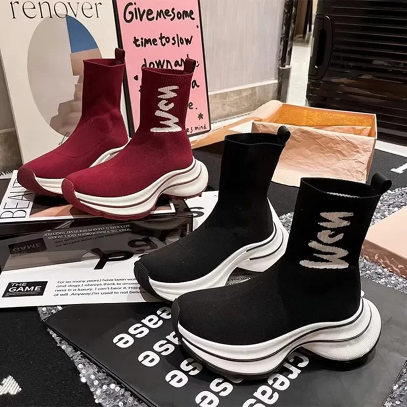 2025 Winter Chunky Heel Platform Stretch Boots Women Breathable Warm Ankle Boots for Women Light Non-slip Knitted Sock Boots