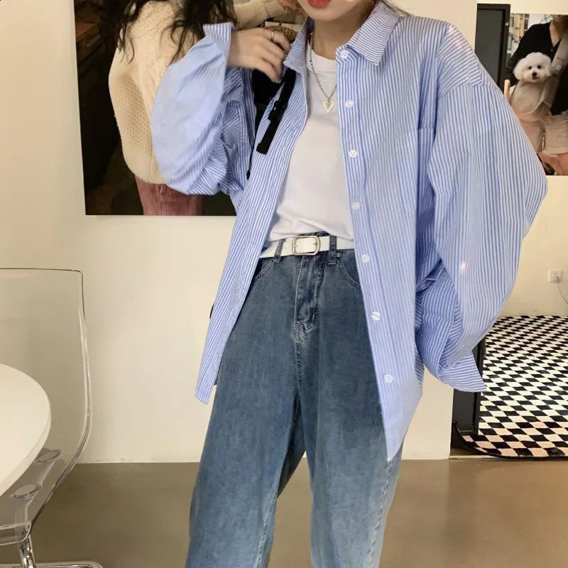 Blue striped long sleeved womens spring and autumn style loose button lapel top casual simple matching shirt 240814