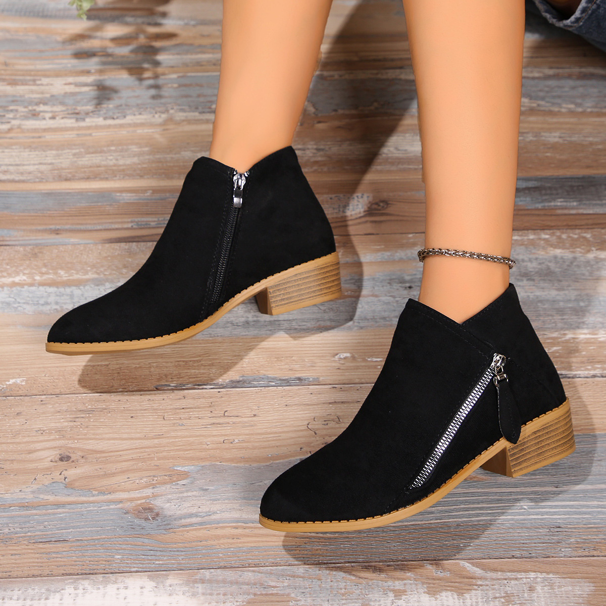 Ankle Women's 2024 Spring Vintage Zip Heeled Short Boots for Women Fashion Chunky Heel Casual Single Shoes Female 3a0f