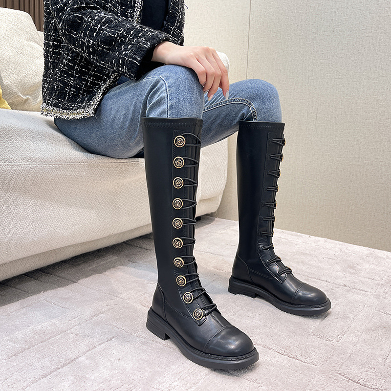2025 Winter Stovepipe Long Boots Woman Knee High Motorcycle Shoes Lady Medal Button Stretch Tied Patchwork Leath 7f4e