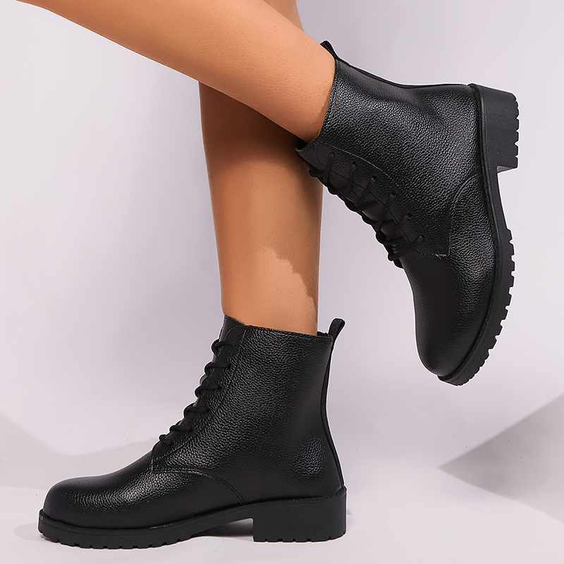 Lucyever Pu Leather Black Ankle Autumn Low Heels Lace Up Motorcycle Boots Woman British Style Platform Short Booties