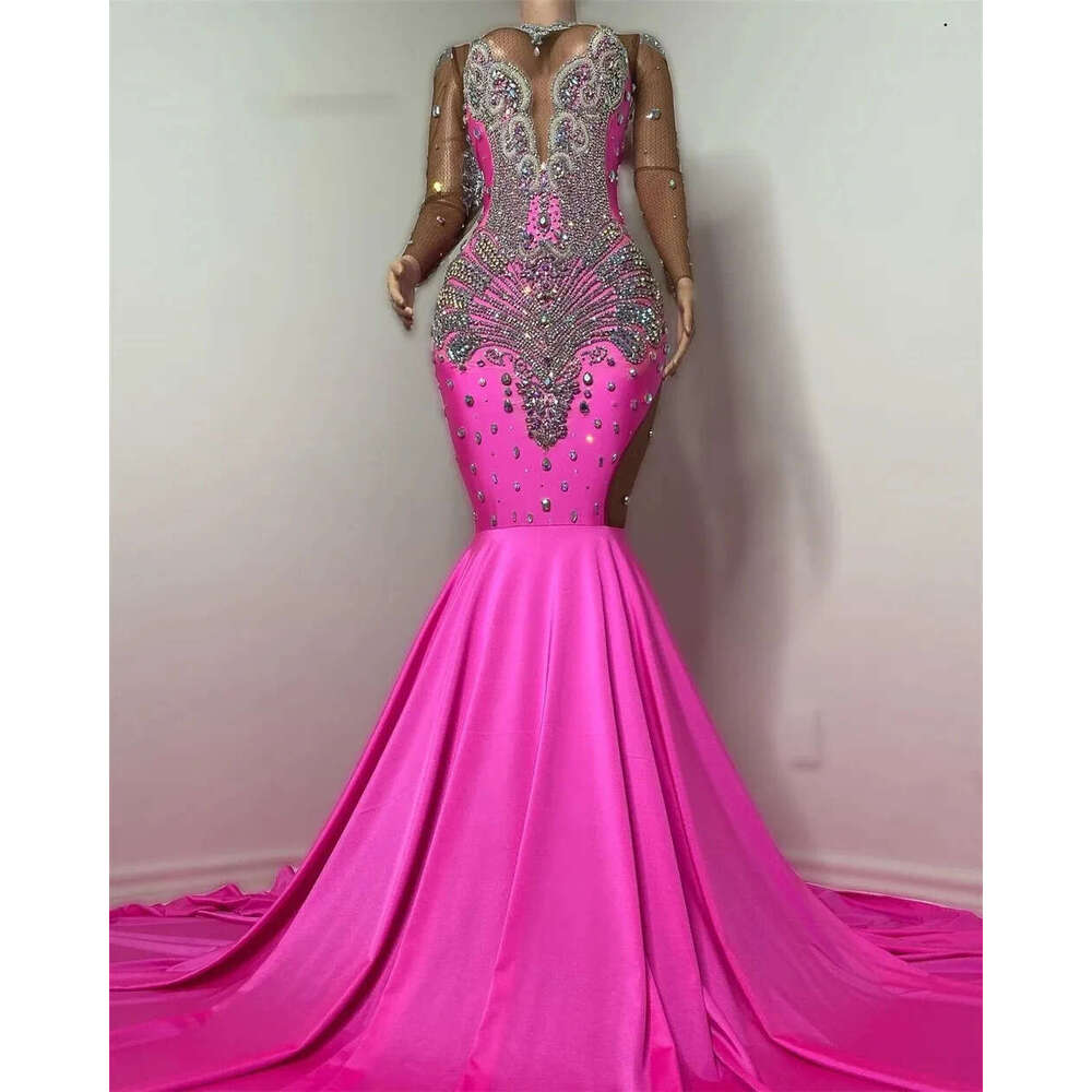 Hot Pink Sier Rhie Prom Blackgirl Mermaid Party Dress Women Elegant Bead See Thru Formal Gowns 6660306