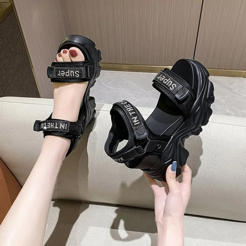 2025 new Women Thick Sole Chunky Platform Ins Casual Summer Shoes Sandals Beige Black Comfortable e2a6