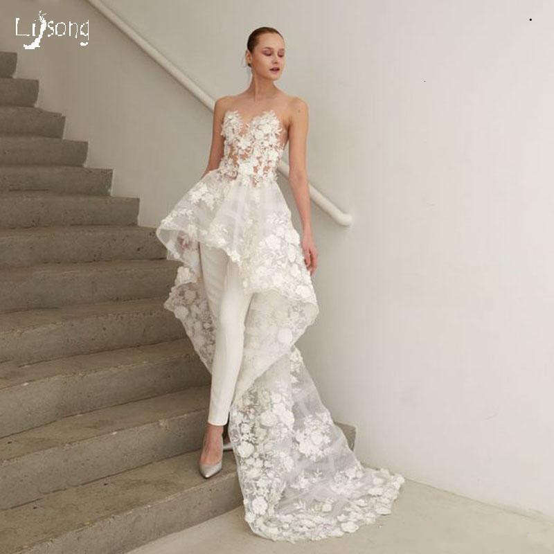 White Gorgeous Ral Jumpsuits Dresses High Low Lace Appliqued Beach Sexy Country Style Plus Size Wedding Dress Bridal Gowns