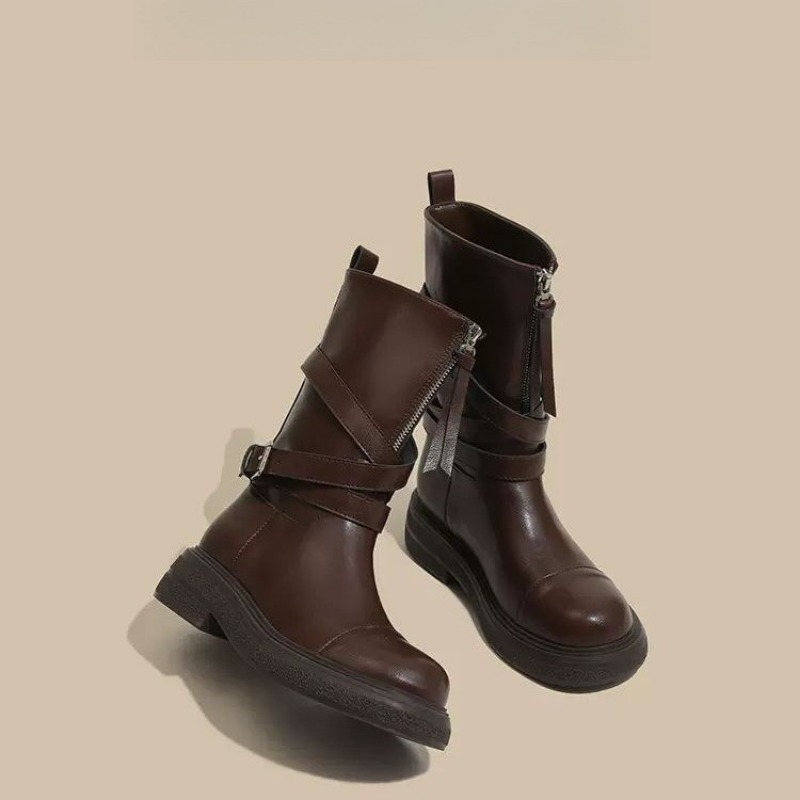 Vintage Brown -length Women's 2024 New Niche Thick Base British Style Zipper-up Western Short Boots