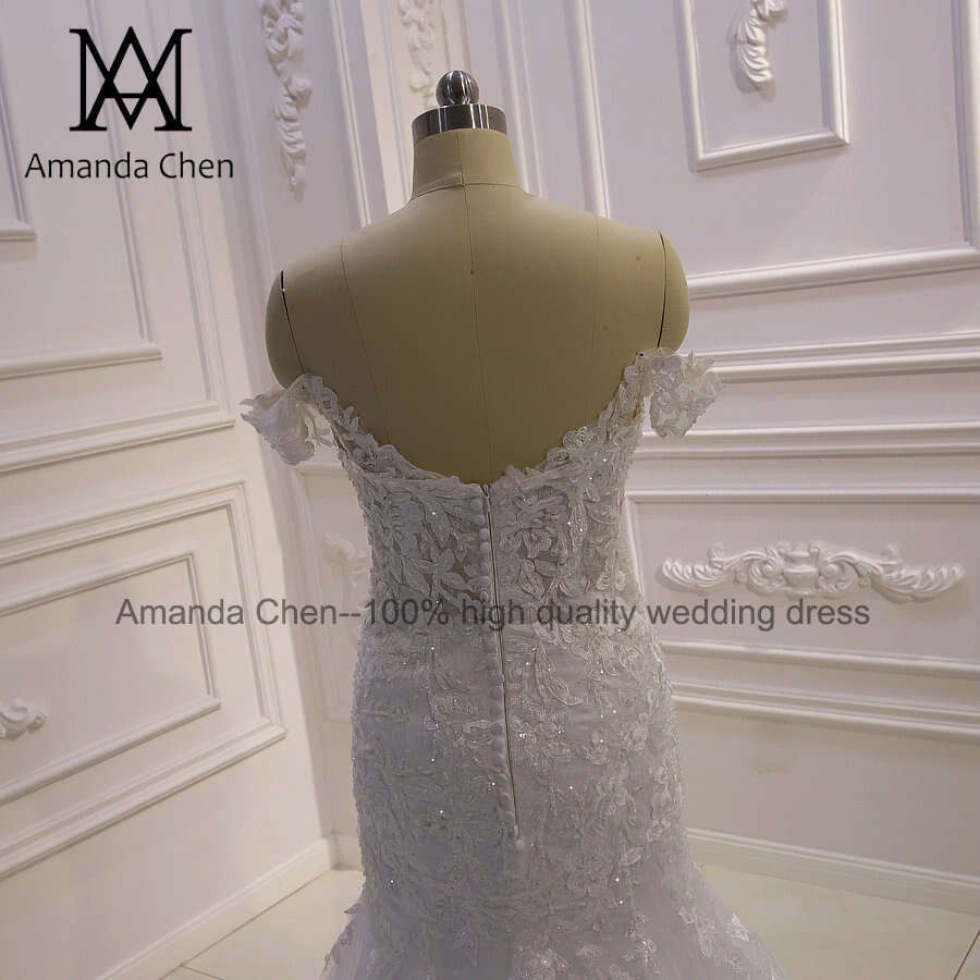 High Quality Custom Made Off Shoulder Mermaid Sheer Wedding Dress