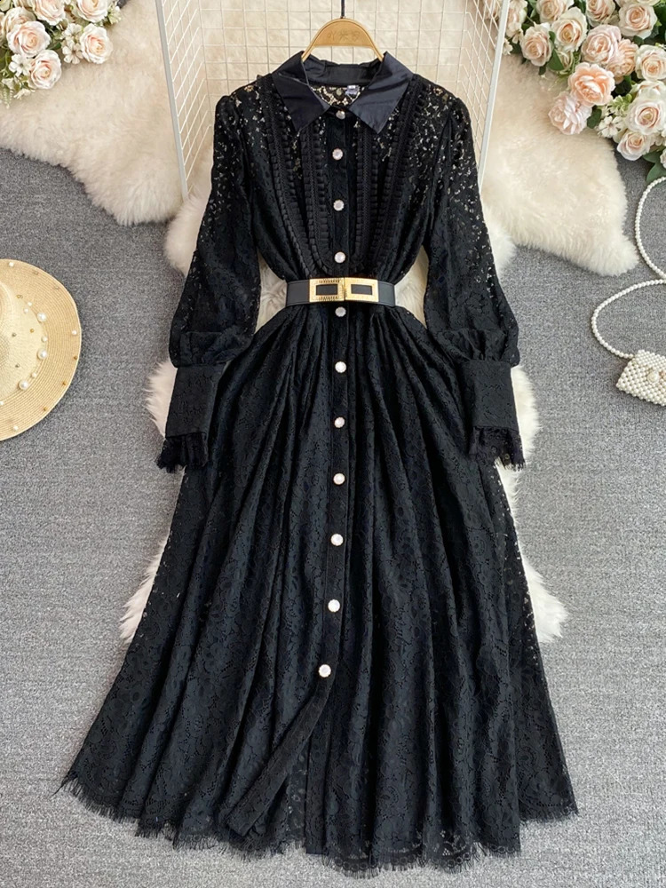FTLZZ Autumn and Winter Elegant Womens Collar Fluffy Sleeve Button Dress Office Womens Midi Dress Lace Mesh Black Dress 240904