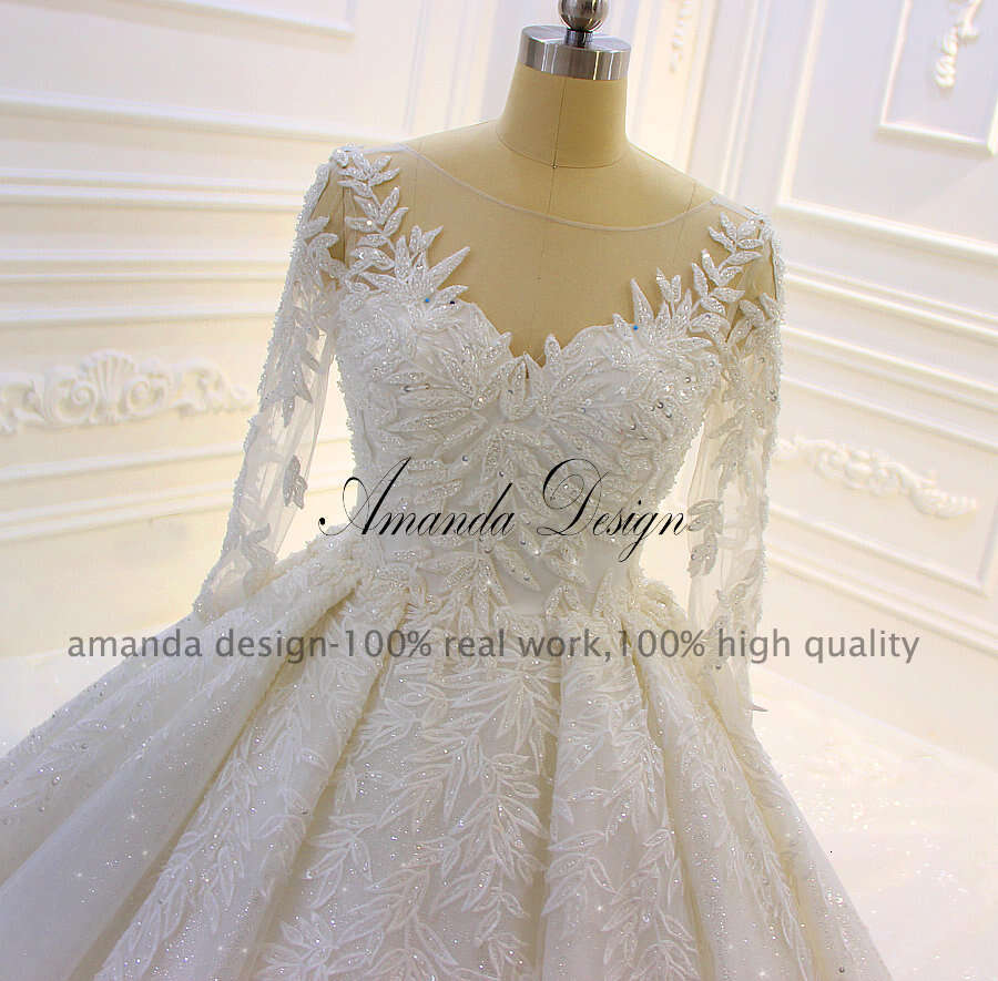 Amanda Design bestidos de novia Long Sleeve Lace Applique Patterns Stunning Ball Gown Wedding Dress