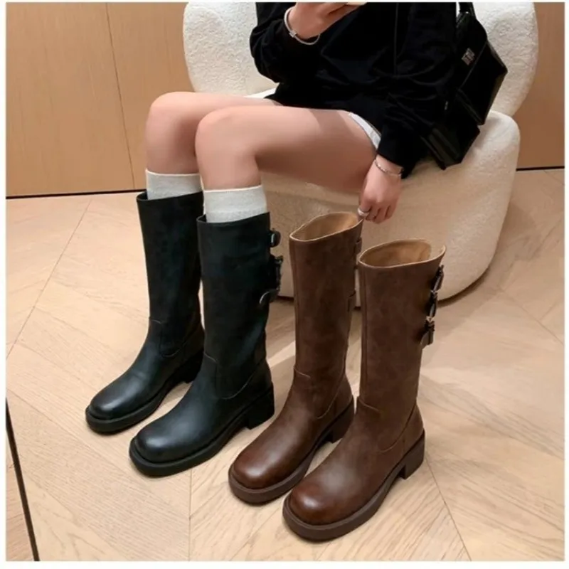 Knee High Boots Winter New New 2025 Fashion Designer Mid Heels Women Shoes Platform Motorcycle Botas Mujer Invierno