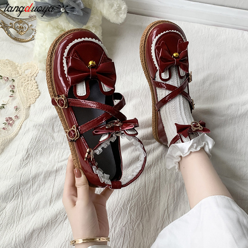 sweet lolita Red black bow Haruku cute JK cosplay women korean kawaii round head mary janes shoes