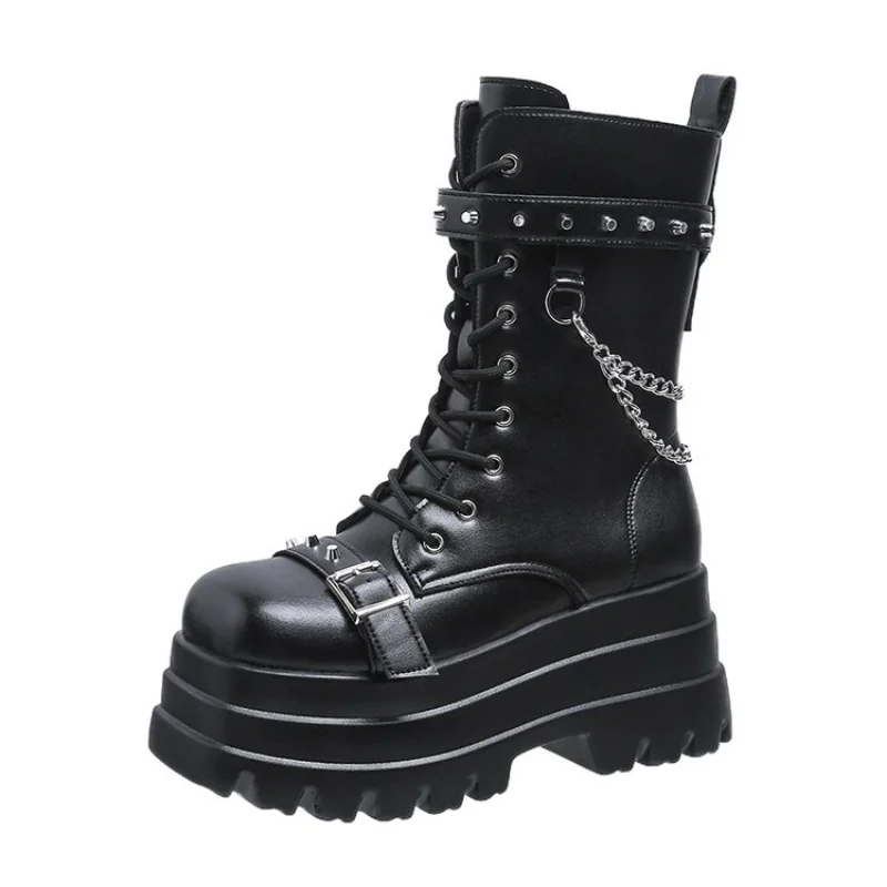 Thick Platform Gothic Lady Buckle New Autumn Shoes Women Wedges Knee High Boots Punk Street Cosplay Botas Motorcycle Chain b7fb