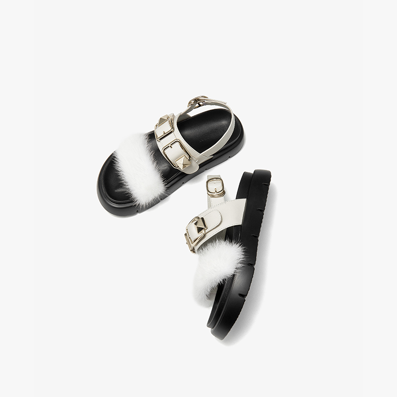 2025 new Casual BEAUTODAY Sandals Women Mink Fur Solid Color Metal Decoration Buckle Rivet Flats Outdoor Footwear Female 34613 7327