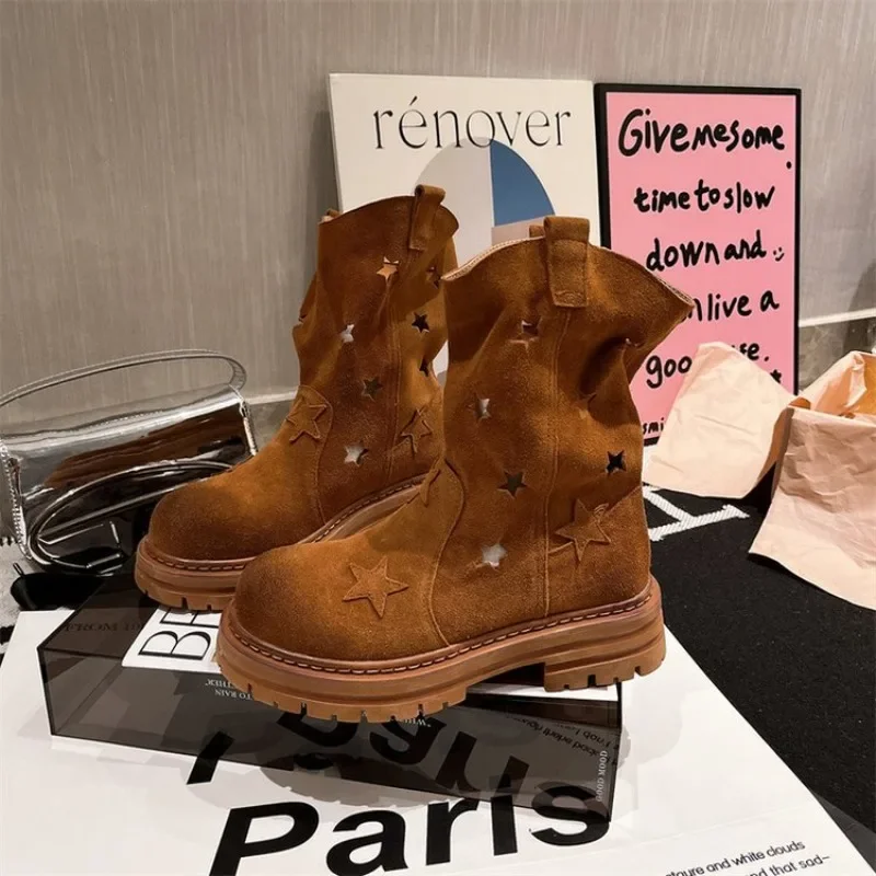 Boots Cowboy Women Shoes Mid Calf Western New Rock Comfortable and Elegant Barefoot Hollow Out Engrave Retro Chunky Hot Designer 1e9a