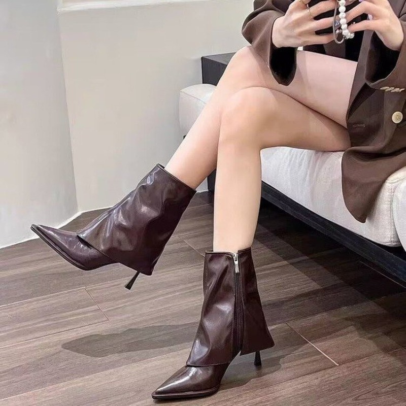 Black Ankle Beige Brown Microfiber Leather Women Short Pointed Toe Stiletto High Heel Winter Ladies Boots 09a5