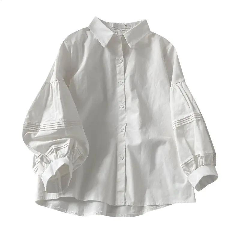 Puff sleeve womens white lapel preparatory style chic top Korean fashion full matching simple summer shirt 240814