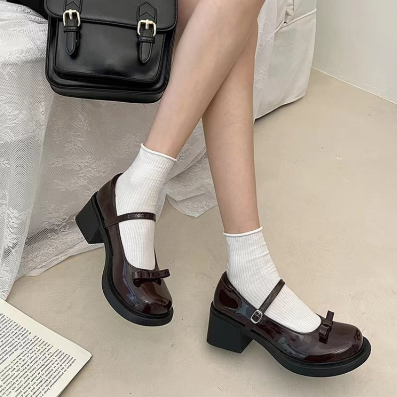 2025 new Jane Mary Vintage Bow Black Pumps Woman Buckle Non-Slip Casual Medium Heels Office Ladies Solid Elegant Dress Shoes 1af2