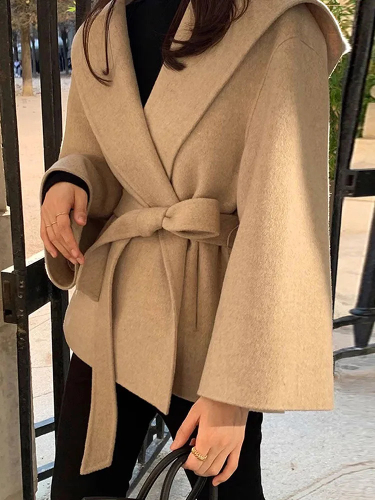 UCXQ temperature hoodie with adjustable Wassit solid color wool jacket suitable for womens casual full matching clothing 2024 autumn/winter 23A443 240