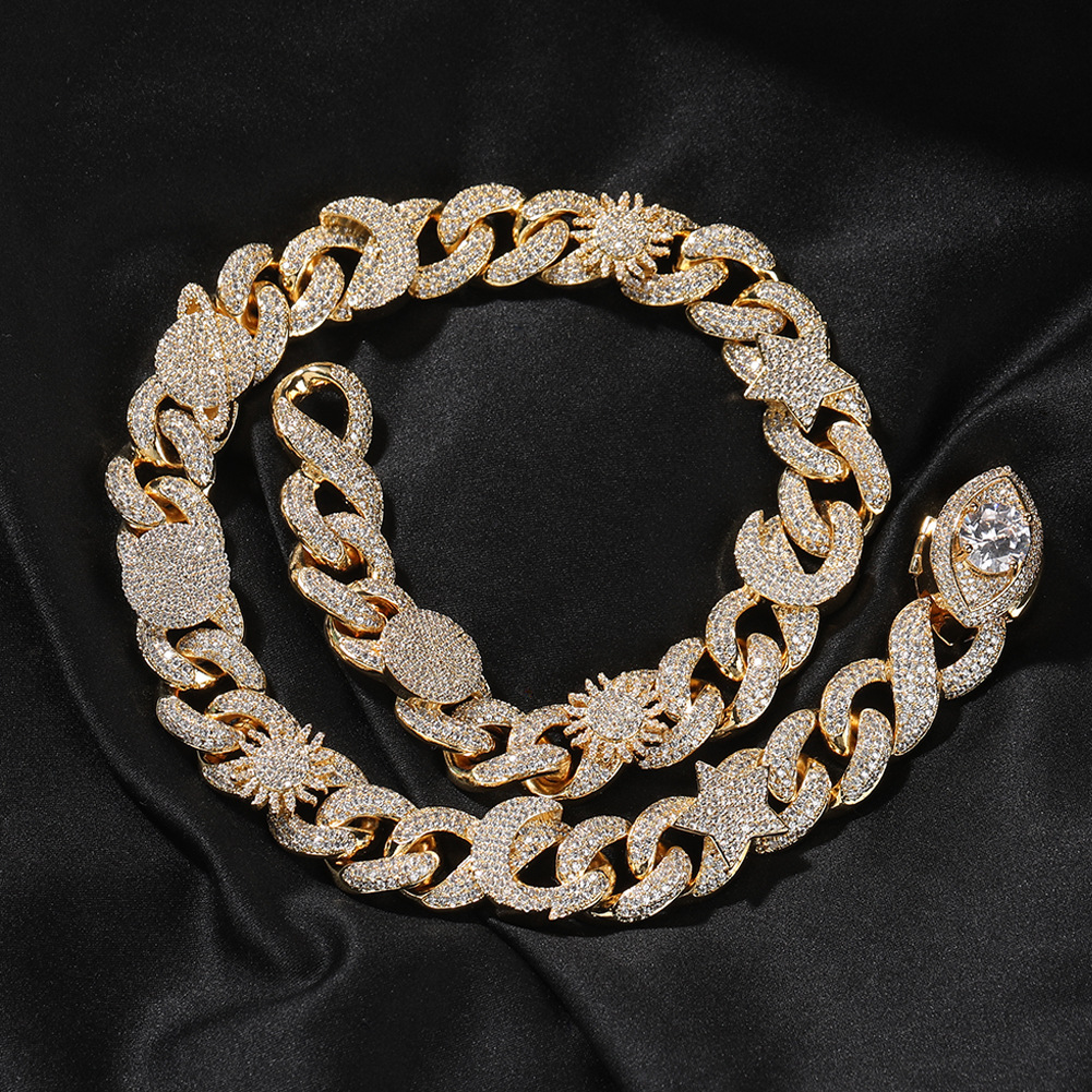 16mm Hip Hop Sun Star Eye Moissanite dias Cuban Chain Necklace Bracelets Gold Plated 5A Zircon Men Jewelry Set for women men