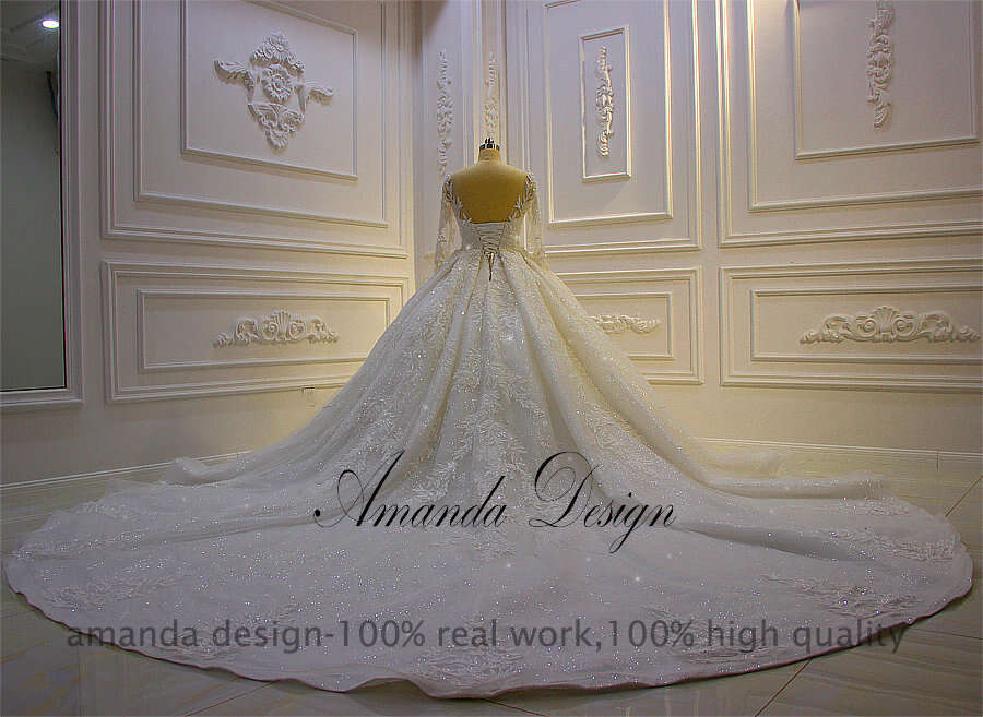 Amanda Design bestidos de novia Long Sleeve Lace Applique Patterns Stunning Ball Gown Wedding Dress
