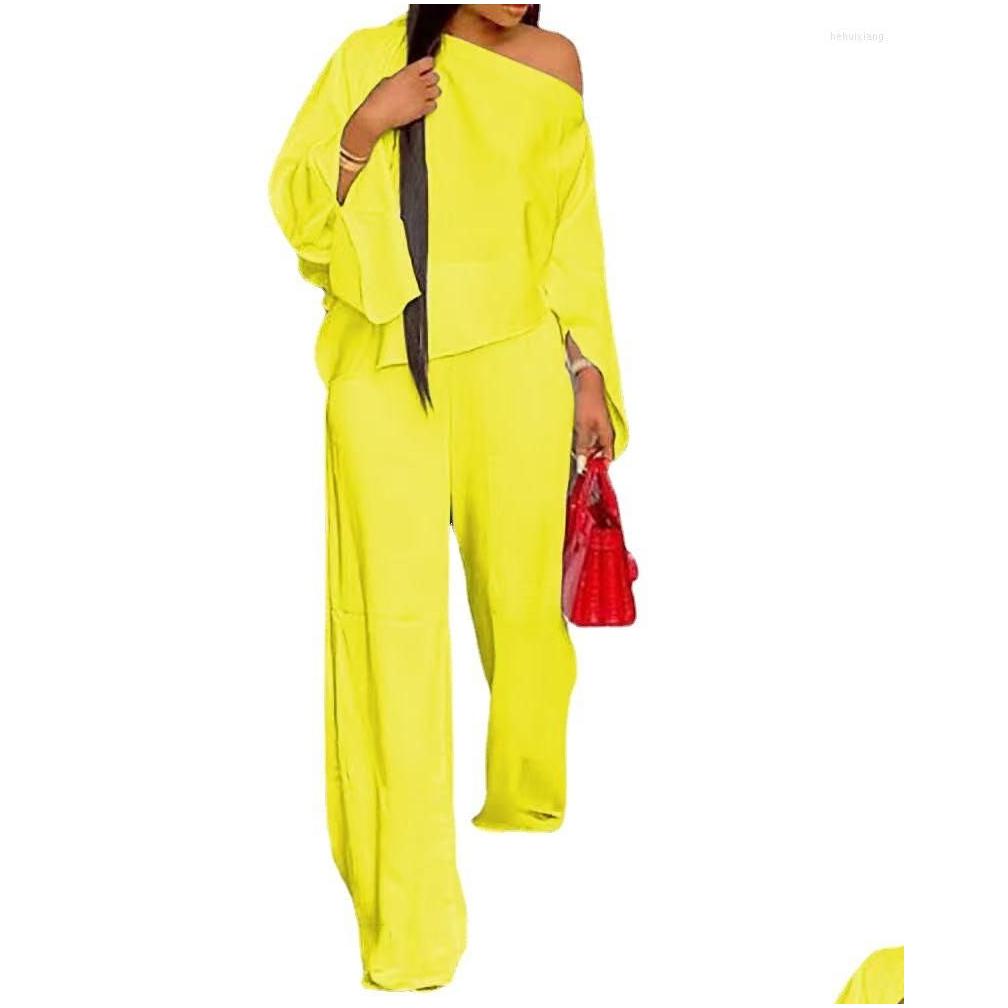 Womens Two Piece Pants Fashion Women Casual Street Style Long Sleeve Card Shoder Top Elastic Set Wholesale Drop Delivery Apparel Cloth Otj12