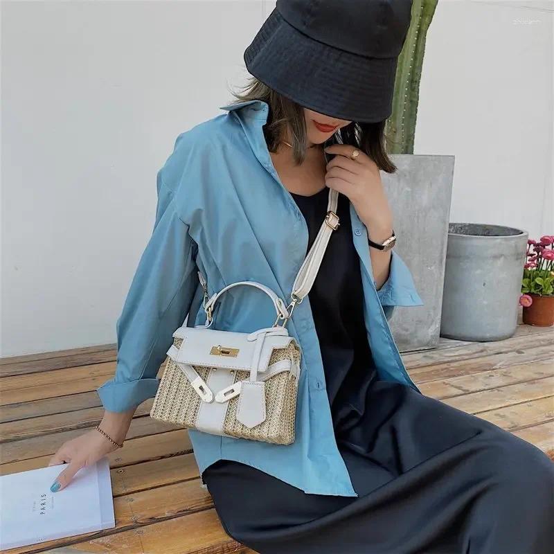 3 Shoulder Bags Fashion Box Straw Women Handbags Designer Wicker Woven Crossbody Chic Lock Pu Summer Beach Rattan Small Flap 4