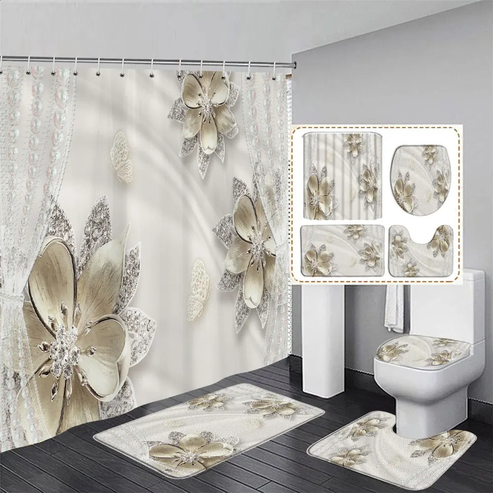 Elegant and stylish dreamy pearl and diamond Bouquet 3D style shower curtains with bathroom carpet set home bathroom decoration 240903bj