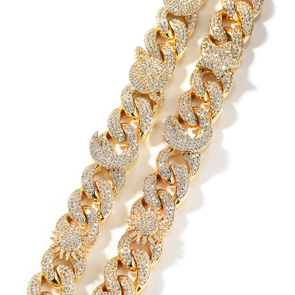 16mm Hip Hop Sun Star Eye Moissanite dias Cuban Chain Necklace Bracelets Gold Plated 5A Zircon Men Jewelry Set for women men