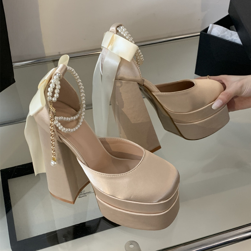 Runway Pearls style Rhies Satin Bowknot Women Pumps Summer Fashion Platform Wedges 14CM Ultra High heels Pary Shoes e730 e65d