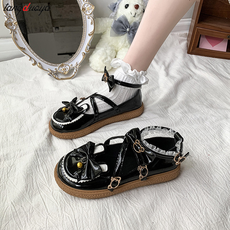 sweet lolita Red black bow Haruku cute JK cosplay women korean kawaii round head mary janes shoes