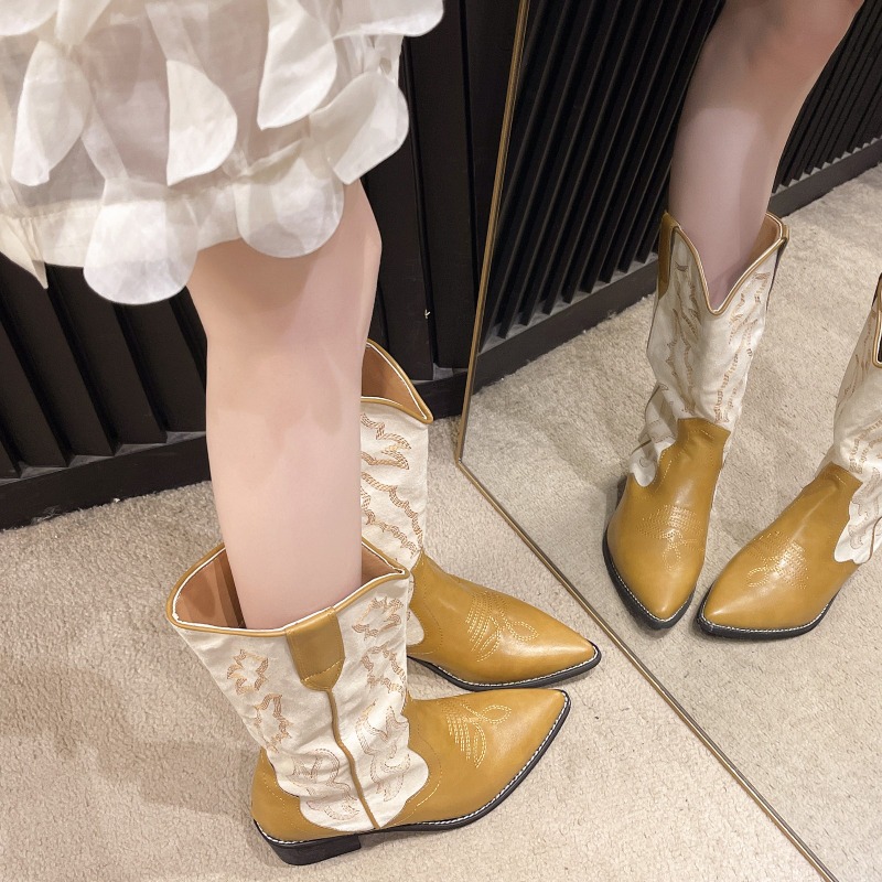Retro New Printed Booties Leather Women Ankle Embroidery High Heels Casual Woman Shoe Vintage Female Footwear Boots 4cd2