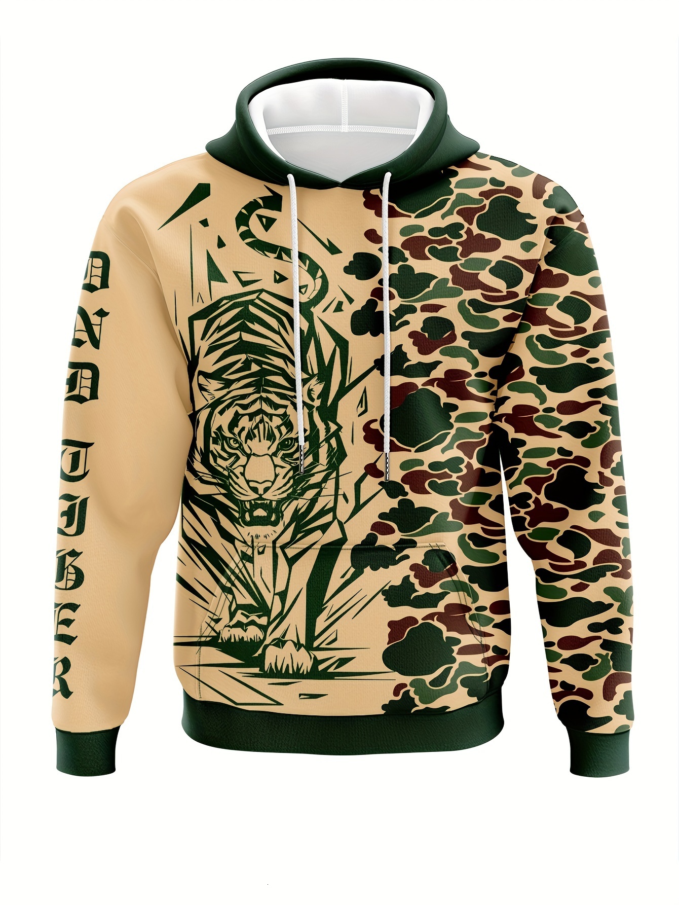 Men's Tiger camouflage Graphic Print Hoodie With Kangaroo Pocket, Casual Long Sleeve Hooded Sweatshirt For Outdoor