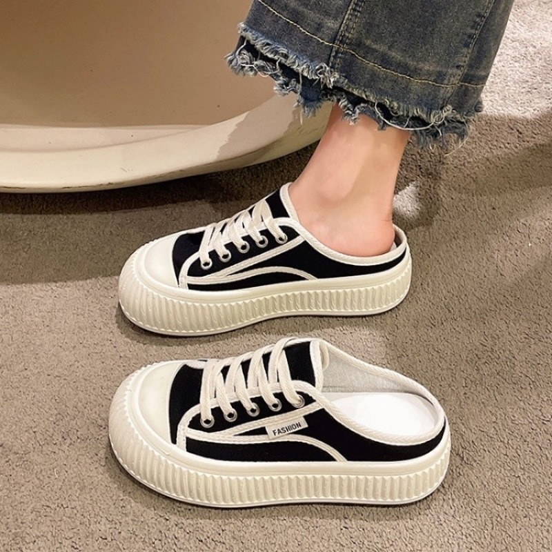 Spring Canvas Autumn New Heelless Fashion Casual Women Vulcanized Thick Sole Half Slippers 5e15