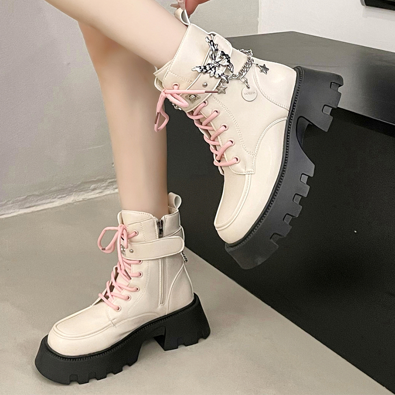 Platform Wedges Gothic Zipper Ankle Women's Metal Thick Heel Motorcycle Boots 2024 Autumn Lace-Up Fashion Booties 6a55 4