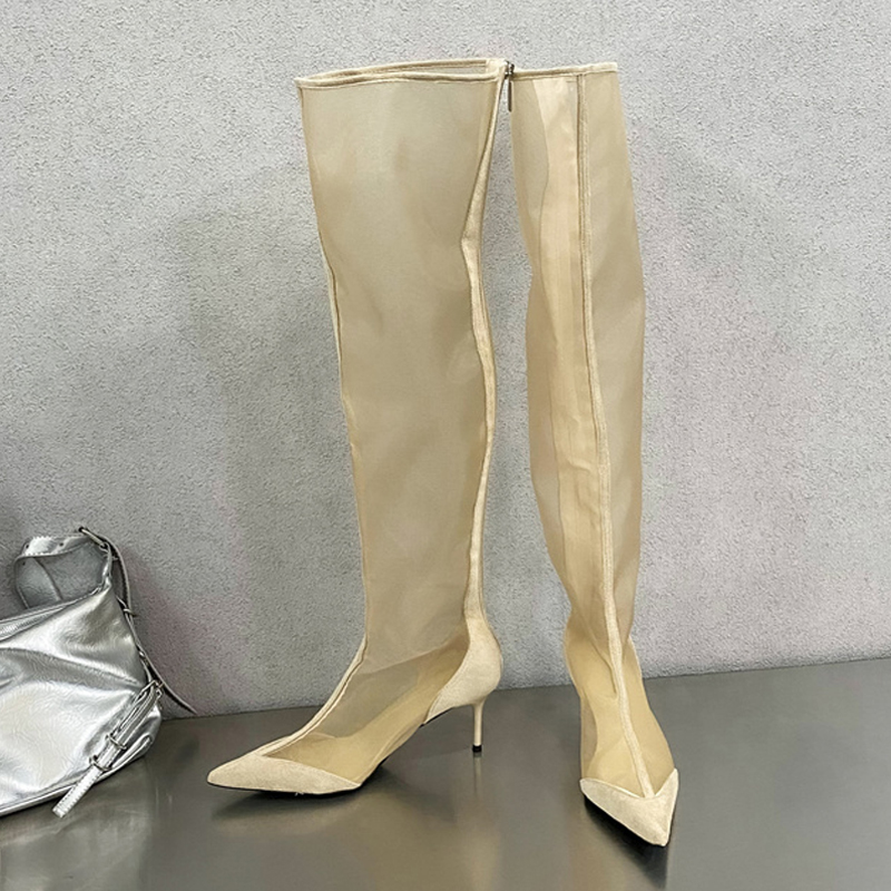 Liyke Sexy Pointed Toe Party Stripper Thigh High Boots Women Low Thin Heels Spring Autumn Zip Mesh Over The New Knee Shoes Booties