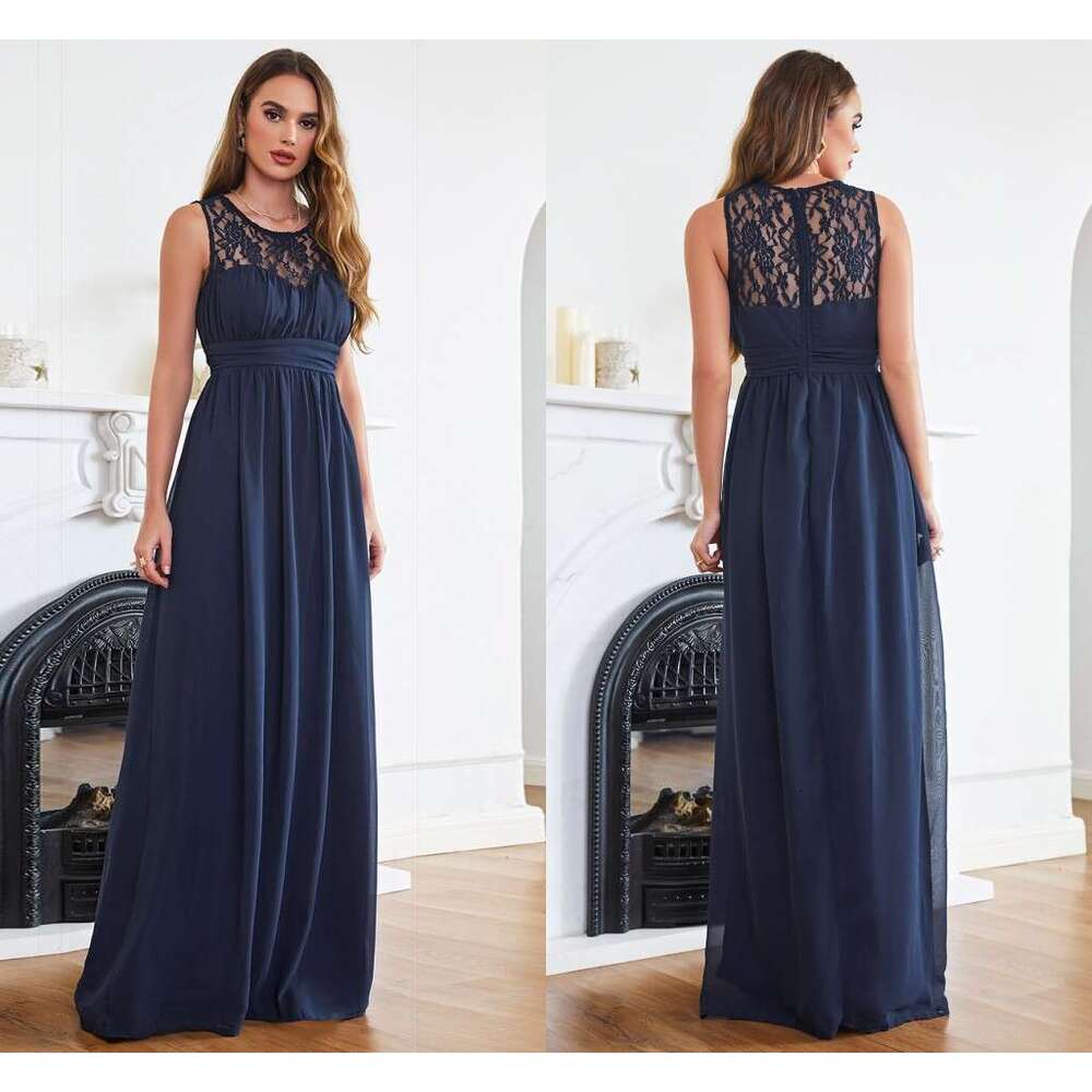 Navy Stock Blue Chiffon Bridesmaid Dresses A E Jewel Neck Ruched Long Formal Prom Party Gown Wedding Guest Gowns Cps