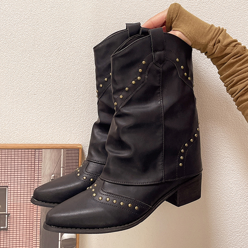 Riveted Women Decor Retro Western Pointy Toe Slip On Fashion Mid-Calf Cowboy 2024 New Knight Thick Heel Short Boots 91e7
