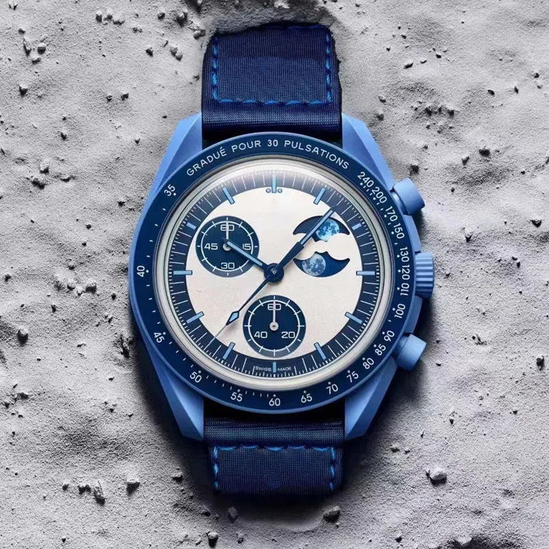 New Watch Bioceramic Blue Moon Phase Mens Watches Full Function Quartz Chronograph Mercury Mission 42mm Nylon Luxury Limited Edition Master Wat