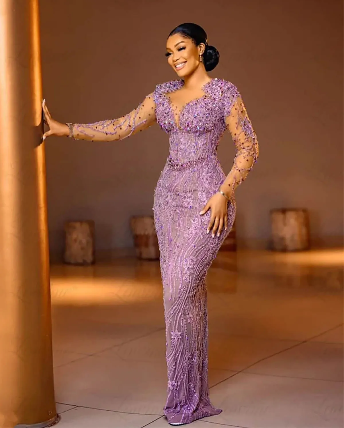 2024 Lanvender Plus Size Prom Dresses For Special Ocns Promdress Sheer Neck Long Sleeves Beaded Lace Birthday Party Dress Second Reception Gowns Am158
