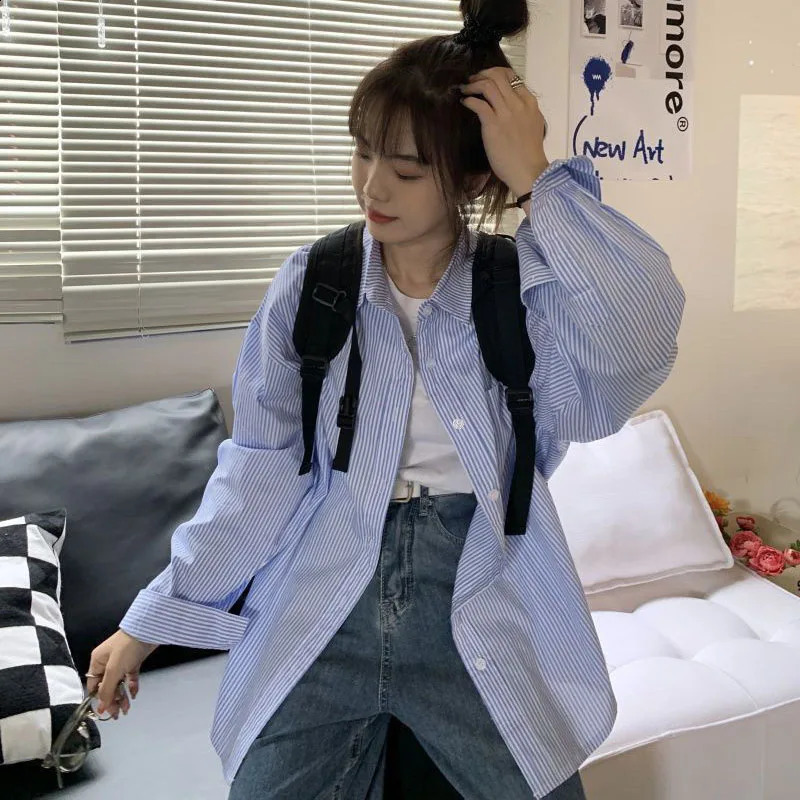 Blue striped long sleeved womens spring and autumn style loose button lapel top casual simple matching shirt 240814