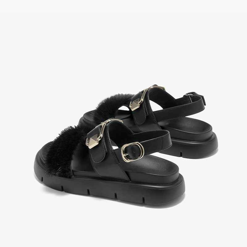 2025 new Casual BEAUTODAY Sandals Women Mink Fur Solid Color Metal Decoration Buckle Rivet Flats Outdoor Footwear Female 34613 7327