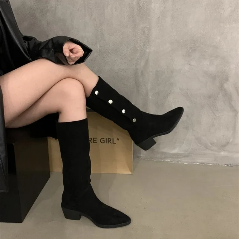 New New 2024 Woman Suede spring Sexy Thick-heeled Women's Riding Botas Warmth Non-slip High Shoes Buckle Boots of Women