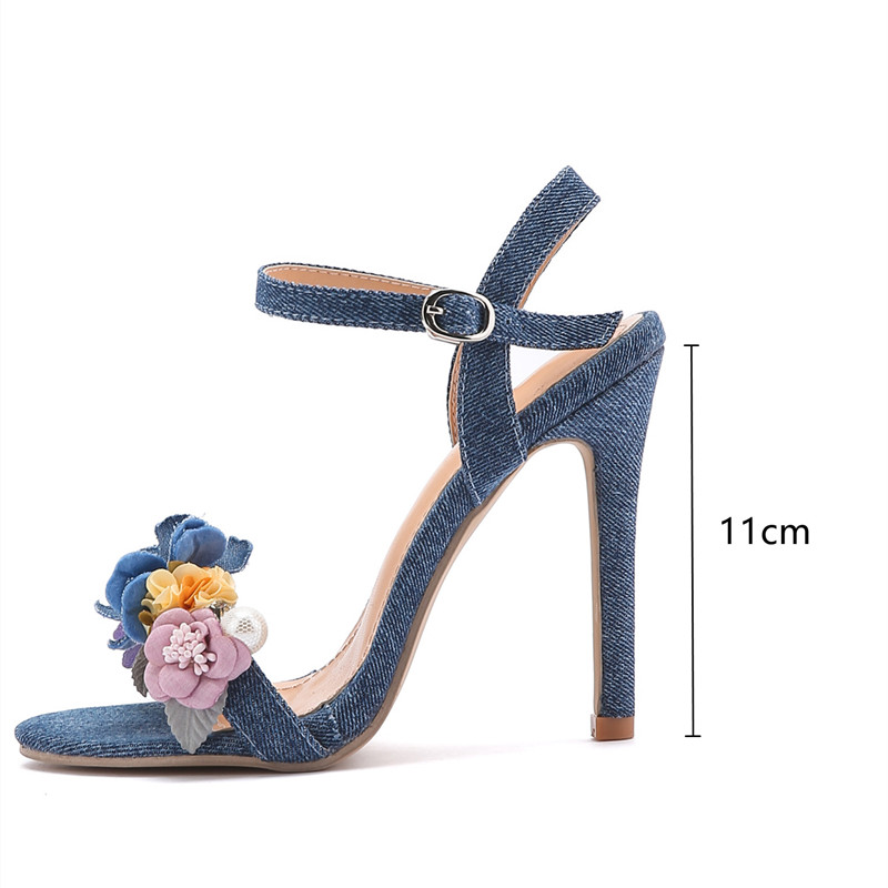 style Fashion Ins wers Pearls Denim Blue Women Elegant Stiletto High heels Gladiator Sandals Summer Party Prom Shoes 1b3f dd38 5187