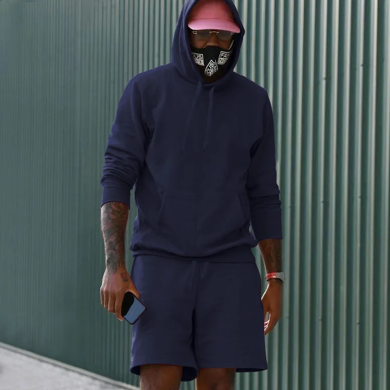 HoodedPants twopiece casual set mens Hooded long sleeved Pullover shorts sports top solid color Tracksuit 240903