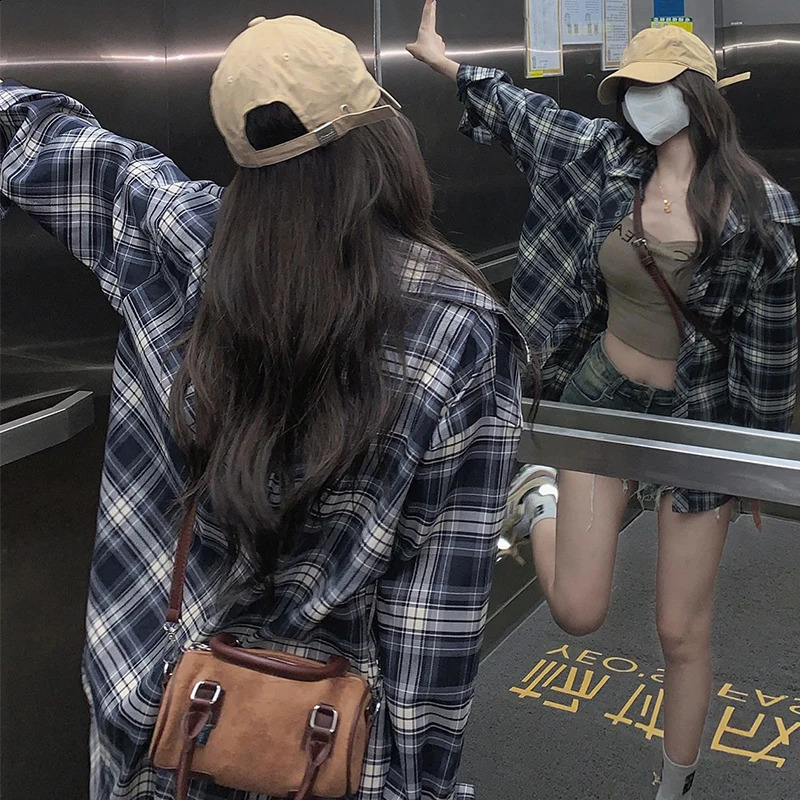 Womens plain weave shirt long sleeved checkered green pink top womens basic fashion clothing 240814